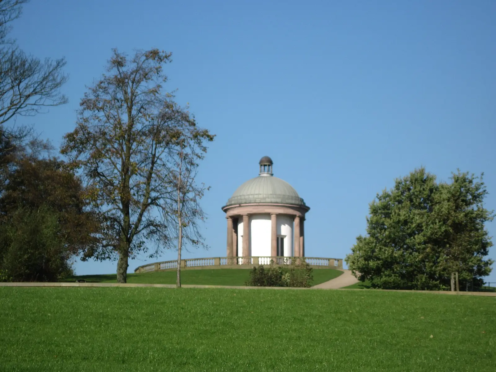 The domed Temple in Heaton Park, Manchester, under a blue sky