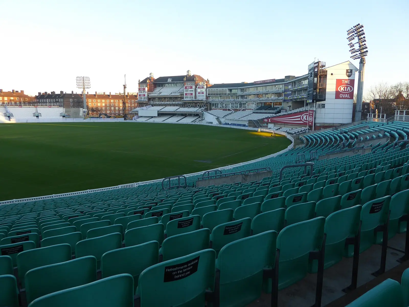 The Kia Oval ground and pavilion seen over the seats