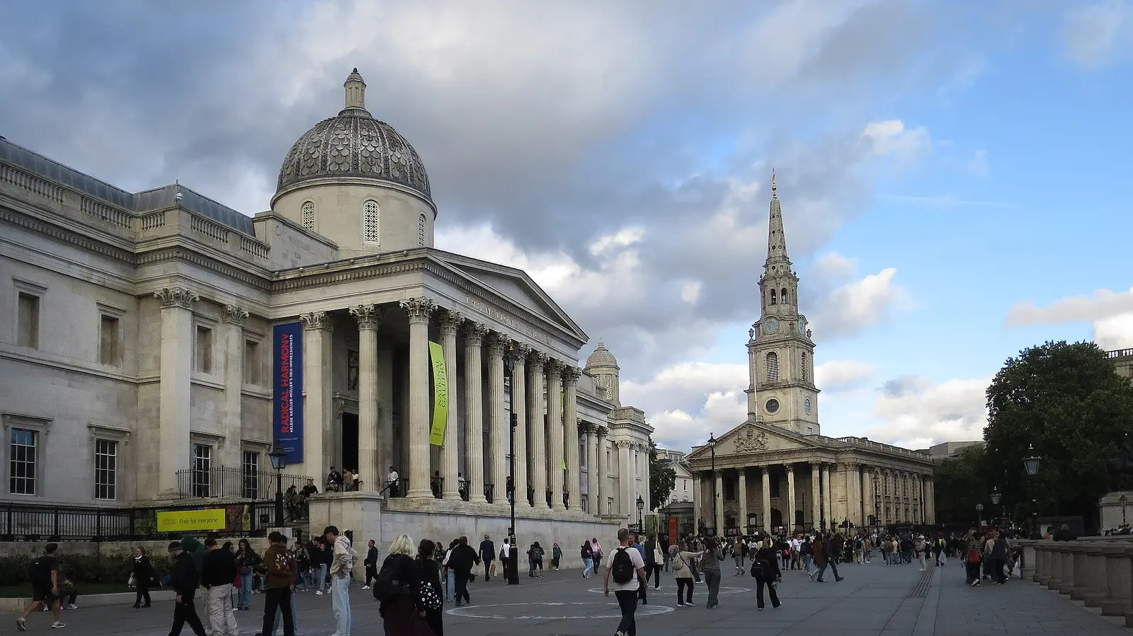 The National Gallery portico and dome beside St Martin-in-the-Fields on Trafalgar Square