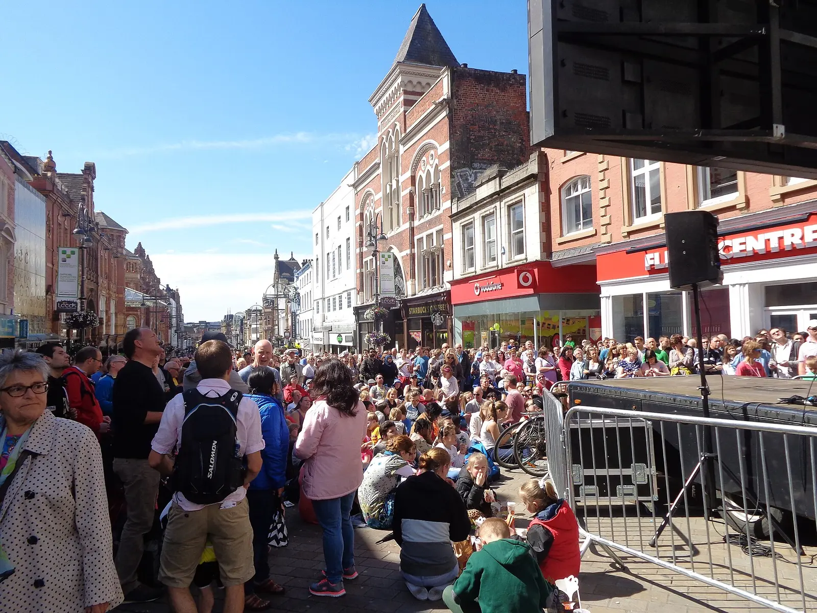 Crowds line Briggate in Leeds on the day of the Tour de France Grand Depart in July 2014