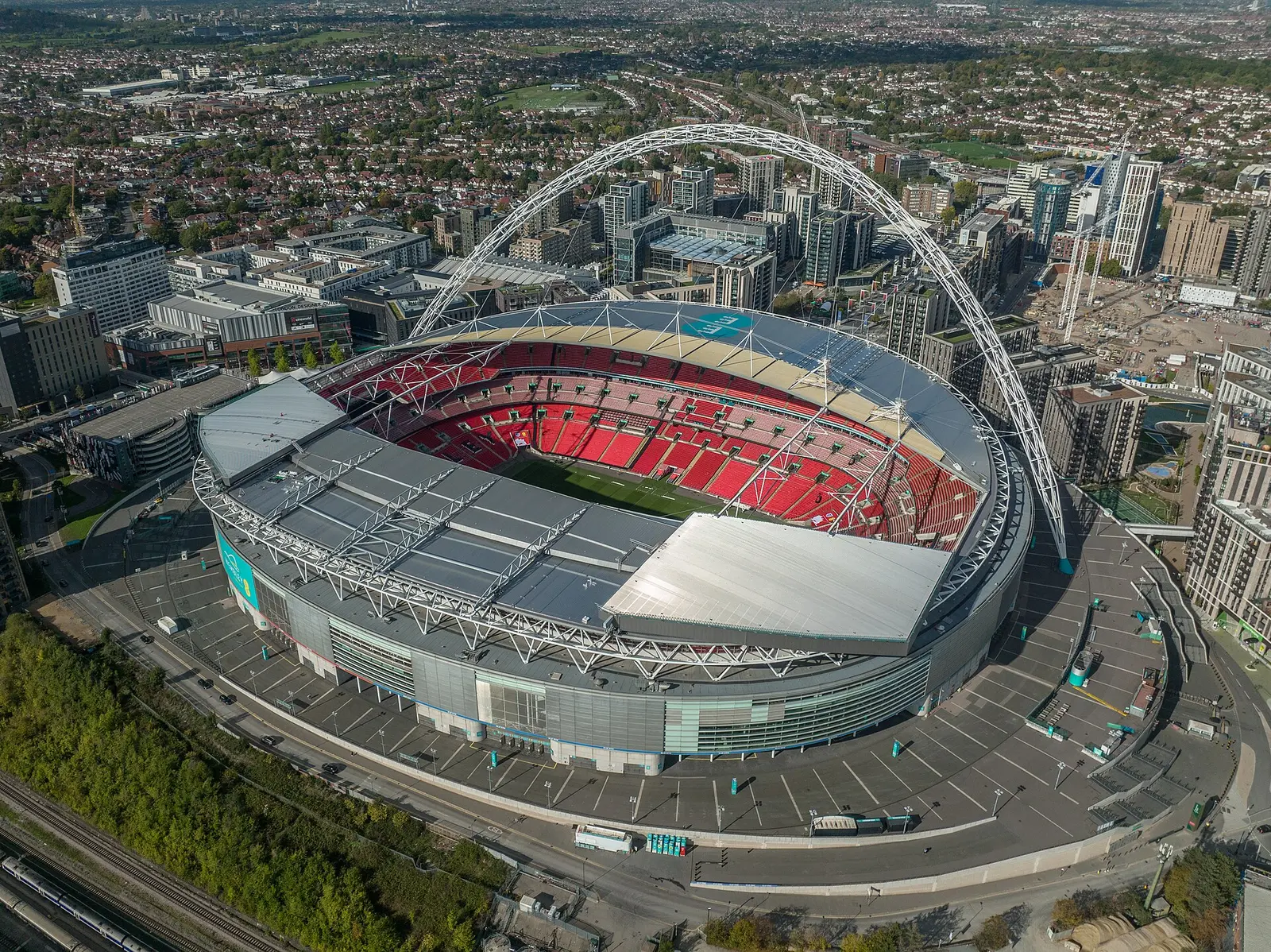 Aerial view of Wembley Stadium and its arch in London