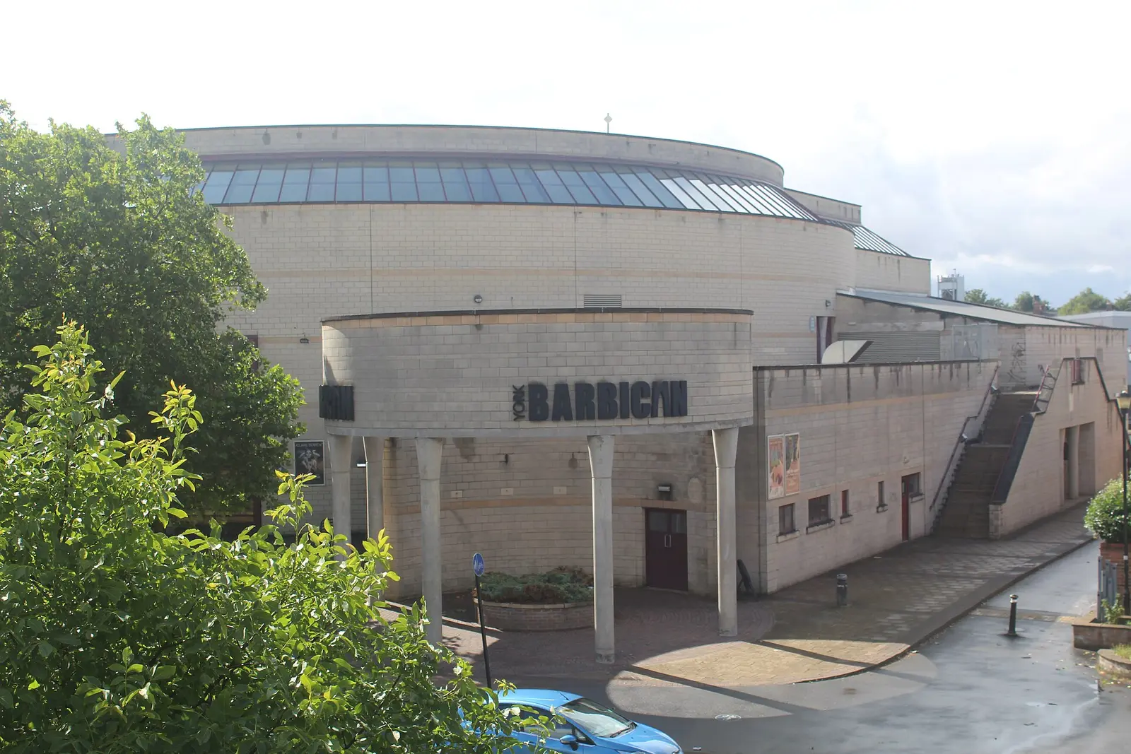 The curved wall of the York Barbican Centre seen from a raised viewpoint